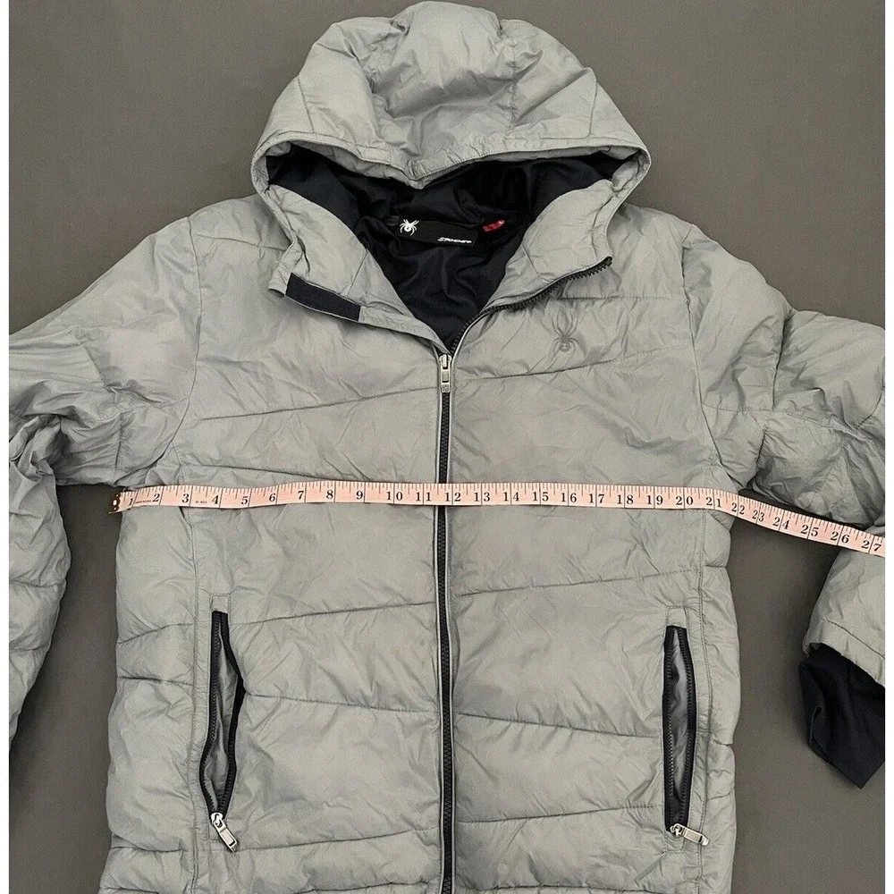 Spyder Puffer Hooded Jacket Boys Large 14/16 Gray Thermaweb Nylon Thumb Holes
